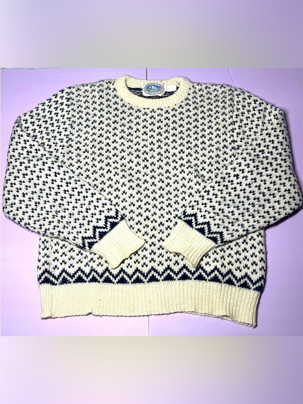 Vtg Environmental Clothing Co Birdseye Knit Sweater Made in USA Black Cream Crew